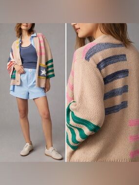 Anthropologie Daily Practice Racing Flags Cardigan XS/S Colorblock Chunky Knit
